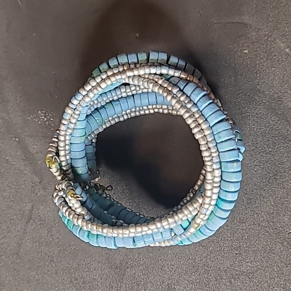 Turquoise and Silver Bead Bracelet Braided Cuff Bangle Bracelet - Picture 3 of 4